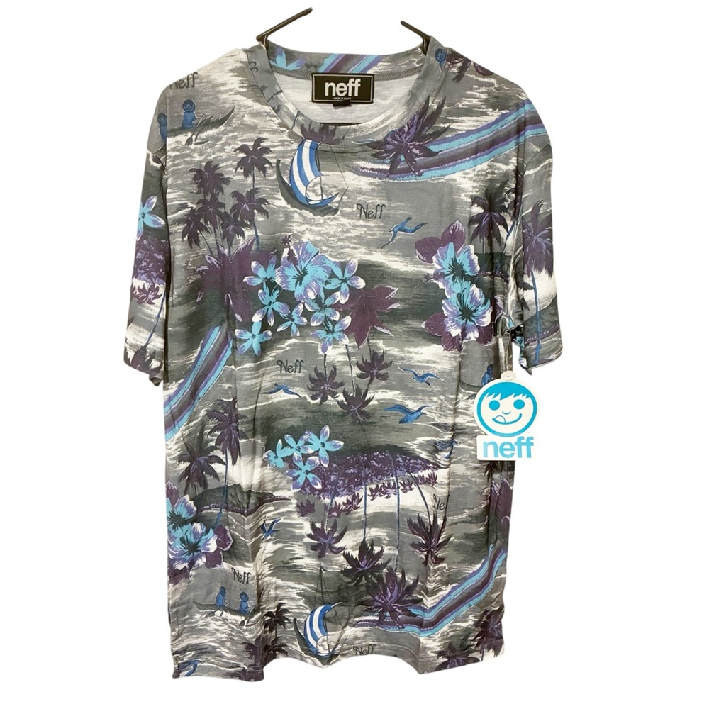 Neff Grey Purple‎ Hawaiian Flower Boats Short Sleeve T-shirt Size Large NEW